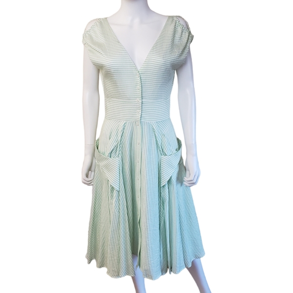 CALVIN KLEIN Green White Striped Vintage Tea Dress Size 4 - Picture 1 of 7